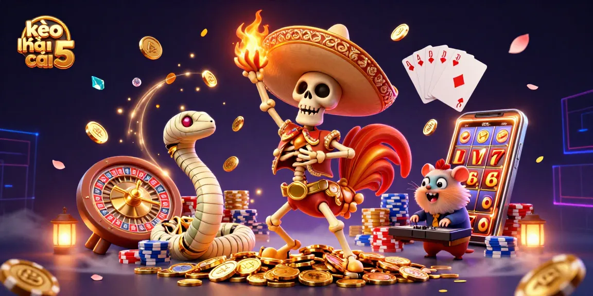 Engage with kèo nhà cái 5 through vibrant 3D casino characters celebrating around golden winnings.