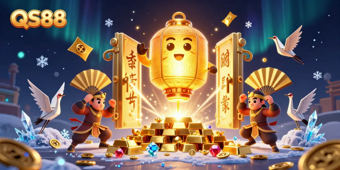 Experience the dazzling world of QS88 with treasures and animated characters in a vibrant casino scene.
