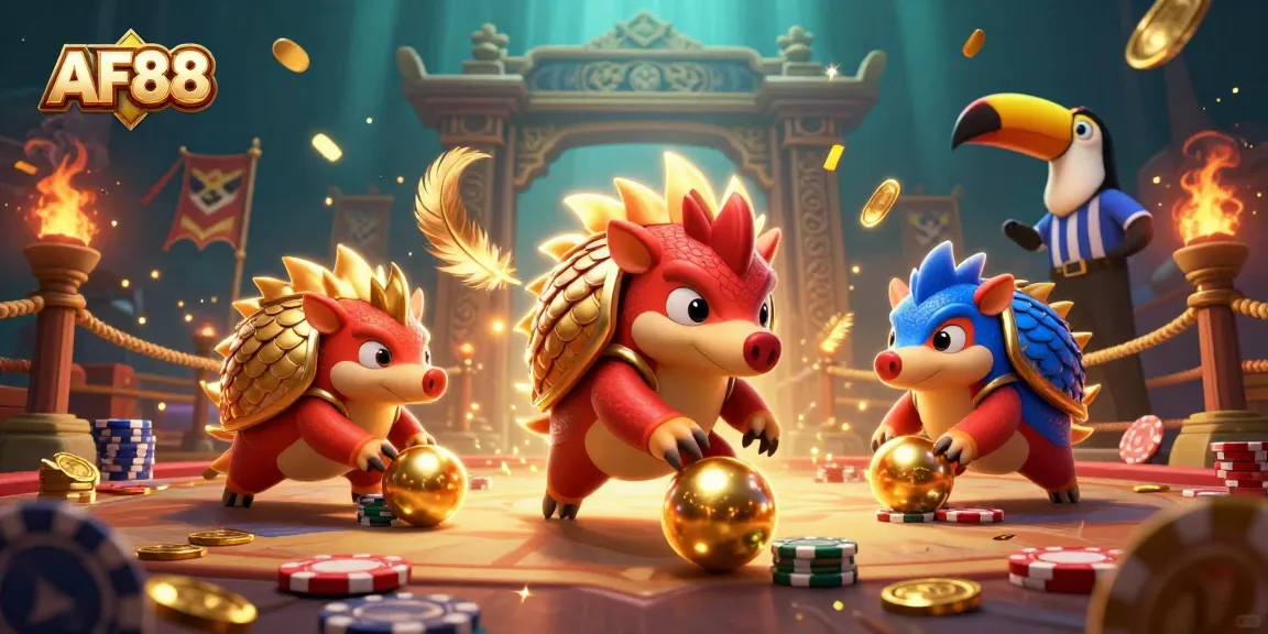 AF88 pangolins compete in a colorful casino scene, rolling golden balls through poker chips.