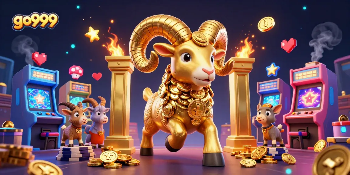 Experience the excitement of go999 with a dynamic scene of a golden ram charging through a vibrant arcade.