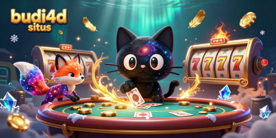 Engage with the vibrant budi4d situs casino scene featuring a whimsical black hole cat and nebula fox.