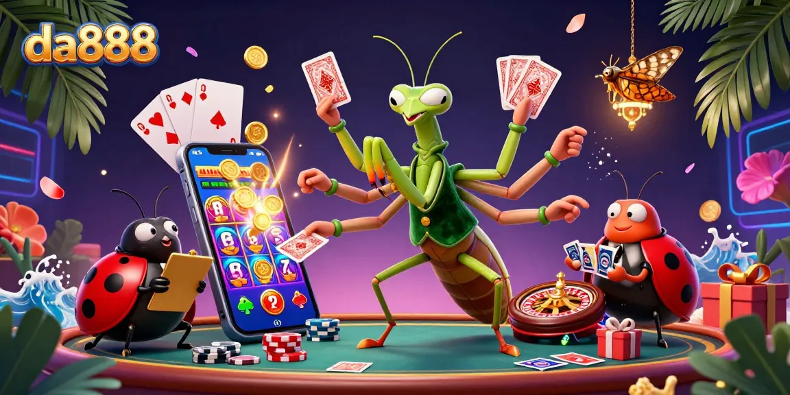Experience intense online gaming fun with da888 showcased through vibrant casino characters and playful game elements.