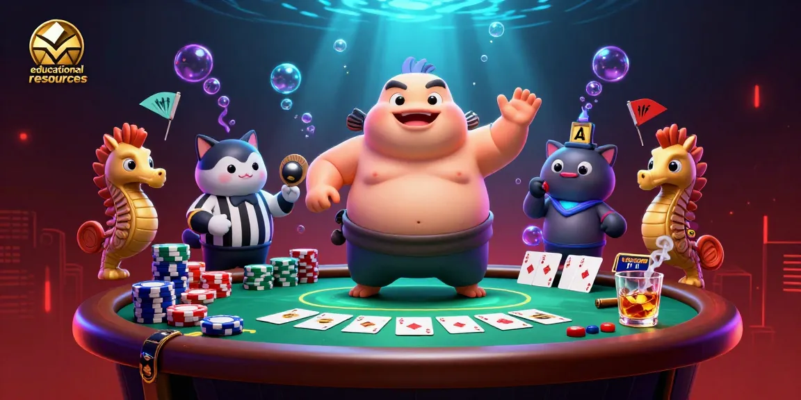 Engage with educational resources in this vibrant casino scene featuring a 3D fugu and poker elements.