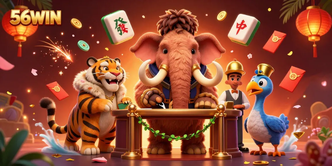 Engage with 56WIN at the casino, featuring unique characters and vibrant elements in a 3D digital art scene.