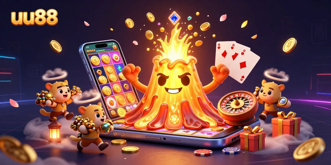 Experience the excitement of uu88 with a 3D illustration of a volcano erupting coins amidst vibrant casino elements.