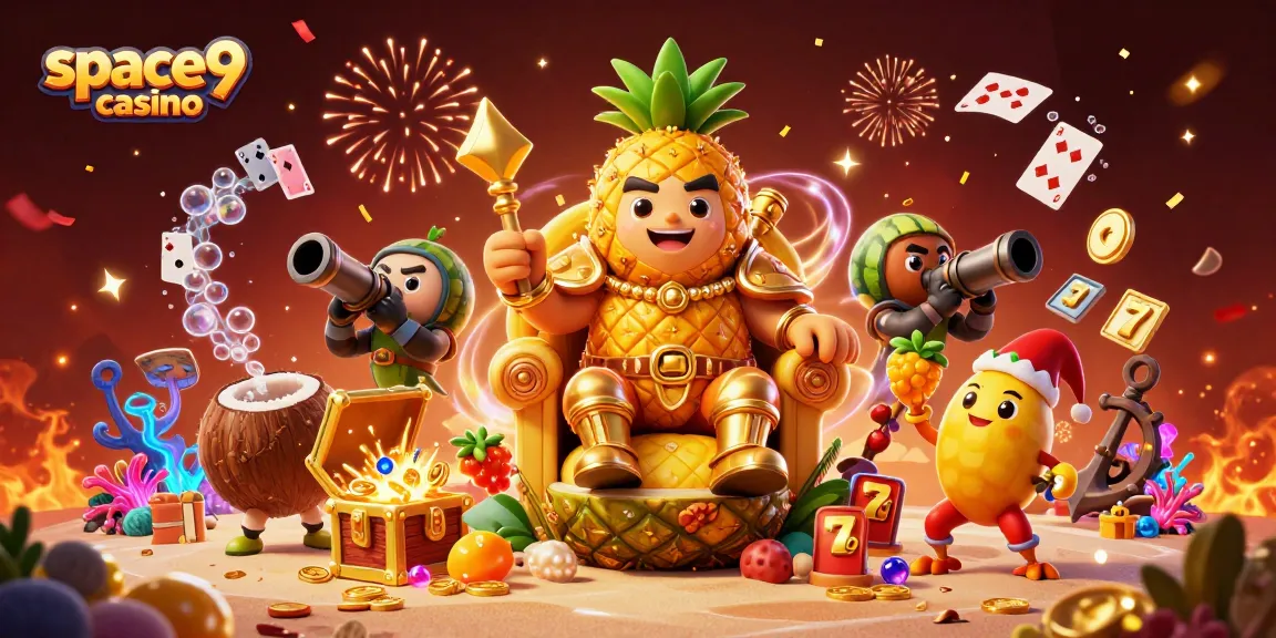 Space9 Casino showcases a lively scene with the golden pineapple king and dynamic gameplay elements.