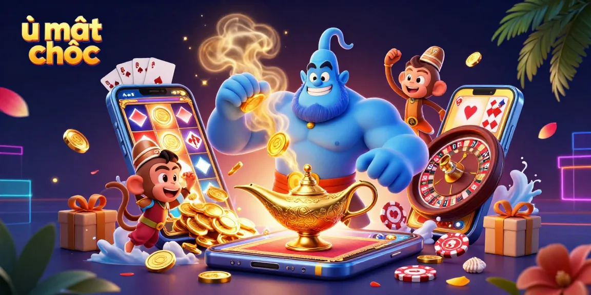 Experience the thrill of ù mạt chược with a genie, monkey, and magic carpet filled with poker chips!