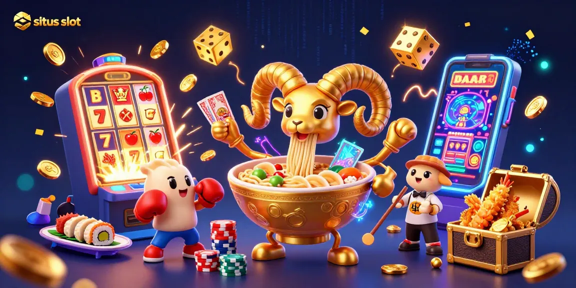 Gambar situs slot dengan karakter kartun lucu di lingkungan kasino, simbol keberuntungan berkilau.