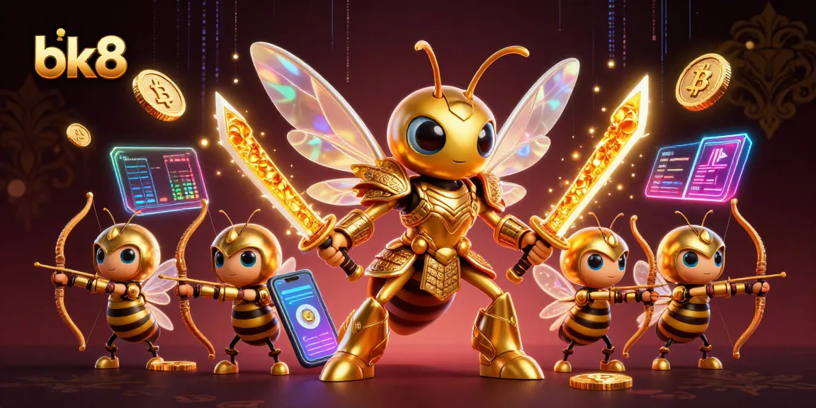 Spin to win with bk8 in an exciting 3D casino scene featuring golden hornets and crypto coins.