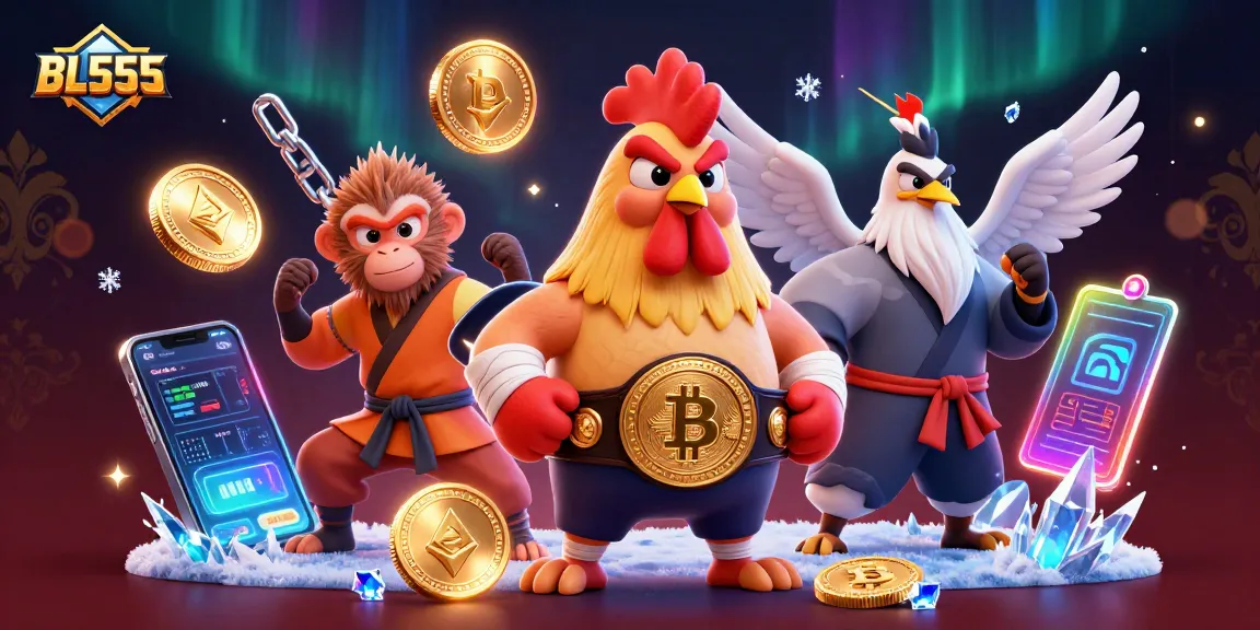 Experience high-stakes action at BL555 with a vibrant scene of 3D casino characters and crypto elements.