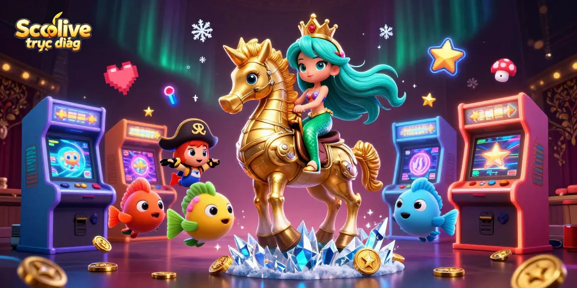 Socolive trực tiếp features a colorful 3D scene with a mermaid and seahorse in a vibrant casino world.