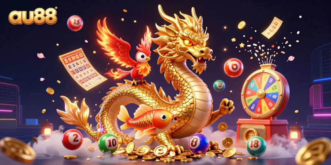 Experience thrilling gameplay at au88 with a vibrant illustration showcasing a dragon and phoenix amidst gaming elements.