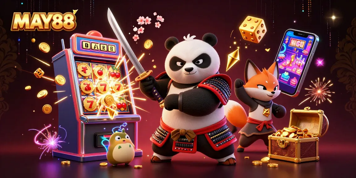 MAY88 features a playful scene with a samurai panda, ninja fox, and tanuki amid a vibrant casino adventure.