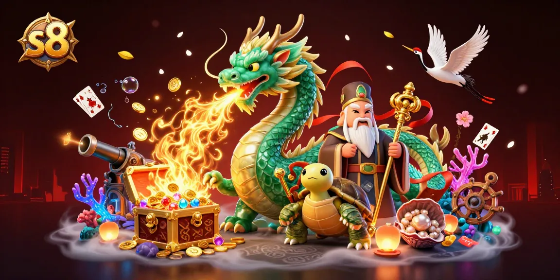 S8 showcases thrilling gameplay featuring a massive jade dragon and lucky cranes in an exciting casino illustration.