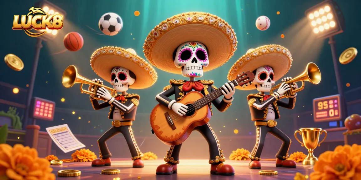 Experience LUCK8 with dynamic sports betting, bright marigold petals, and lively 3D mariachi skeletons