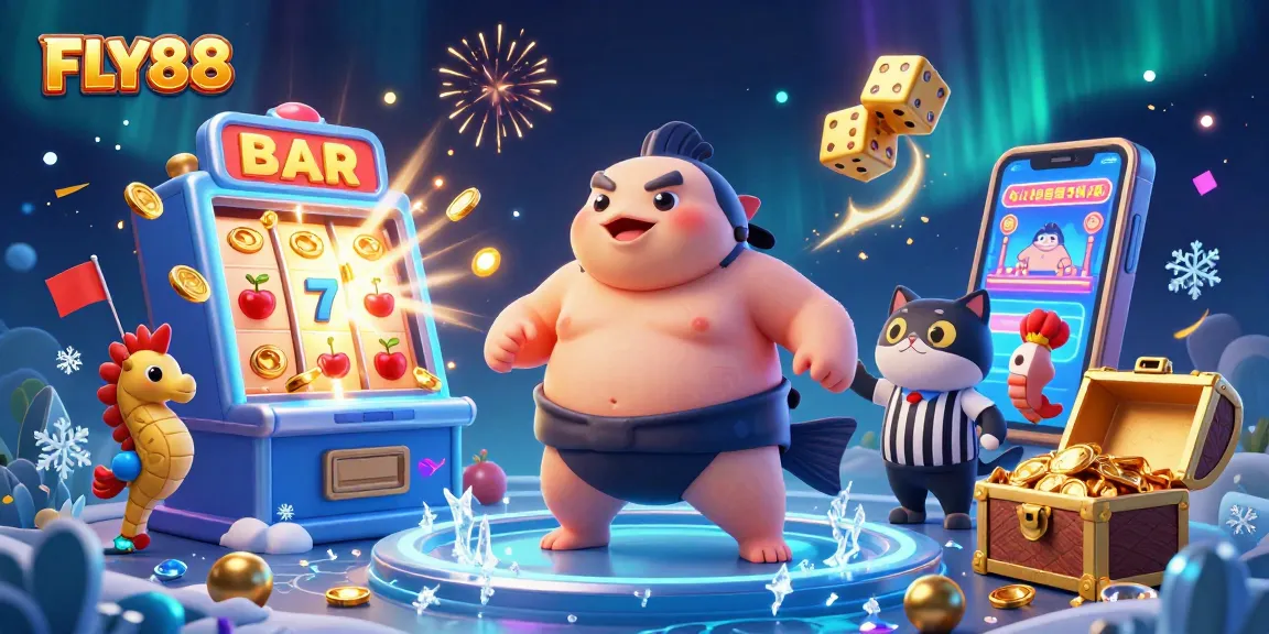 Experience exciting wins at FLY88 with a vivid underwater casino scene featuring lively characters and game elements.