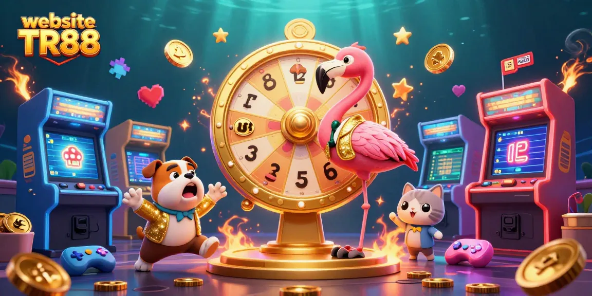 Engage with exciting offers on website TR88 featuring a cartoon flamingo game show host and colorful game elements.