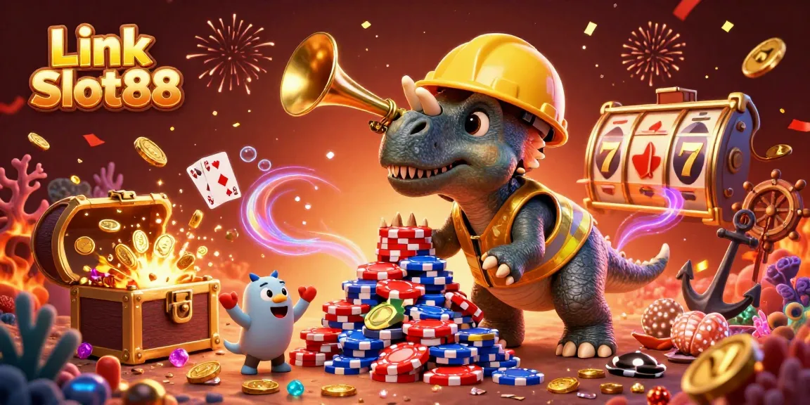 Play exciting games and win big with Link Slot88's vibrant casino illustration packed with cheerful characters.