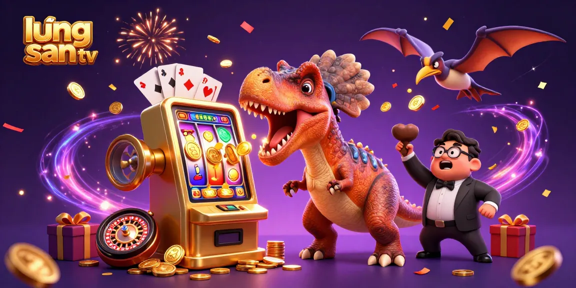 Lương Sơn TV showcases a pachycephalosaurus winning a jackpot, while a casino manager and pteranodon celebrate with flying coins.