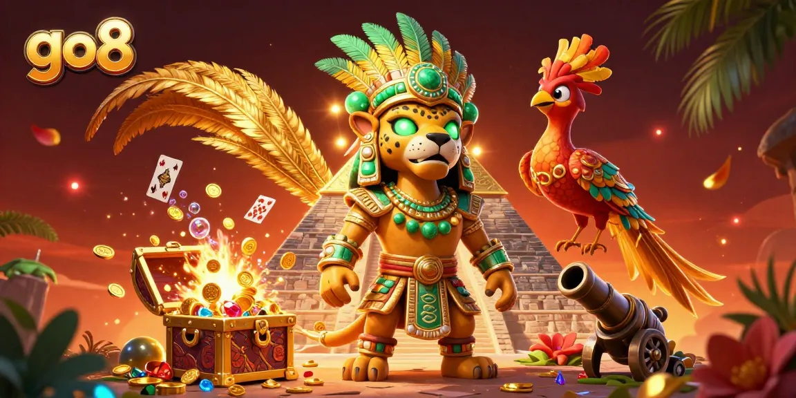 Capture the excitement of go8 with vibrant gaming elements and a Mayan priest illustration.