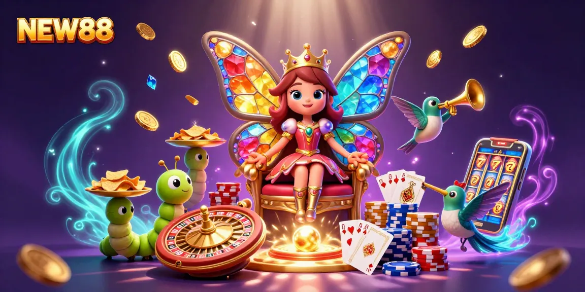 Experience NEW88's thrilling gameplay with a magical butterfly queen amidst casino elements.