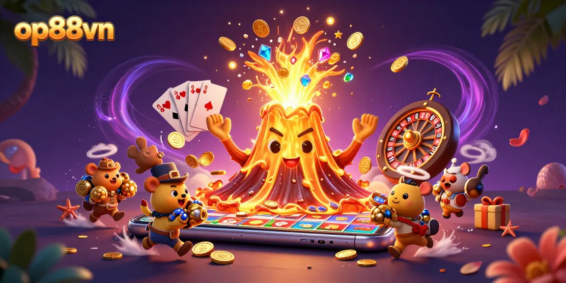Experience big wins at op88vn with the golden volcano erupting treasures in this vibrant casino-themed scene.