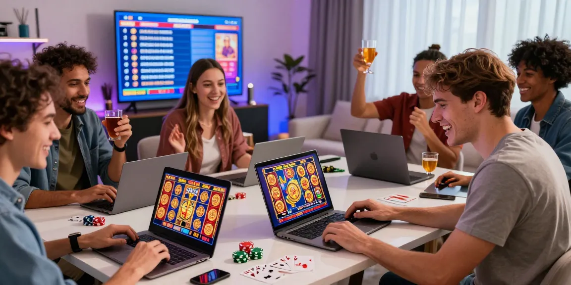 pemain menikmati permainan megawin88 slot online dengan keceriaan, merayakan kemenangan besar bersama teman-teman