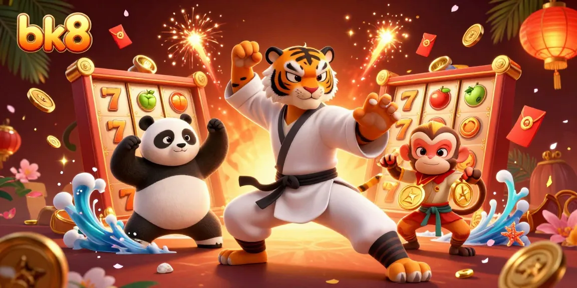 Experience the thrill of bk8 with a dynamic casino scene featuring vibrant characters and slot elements.