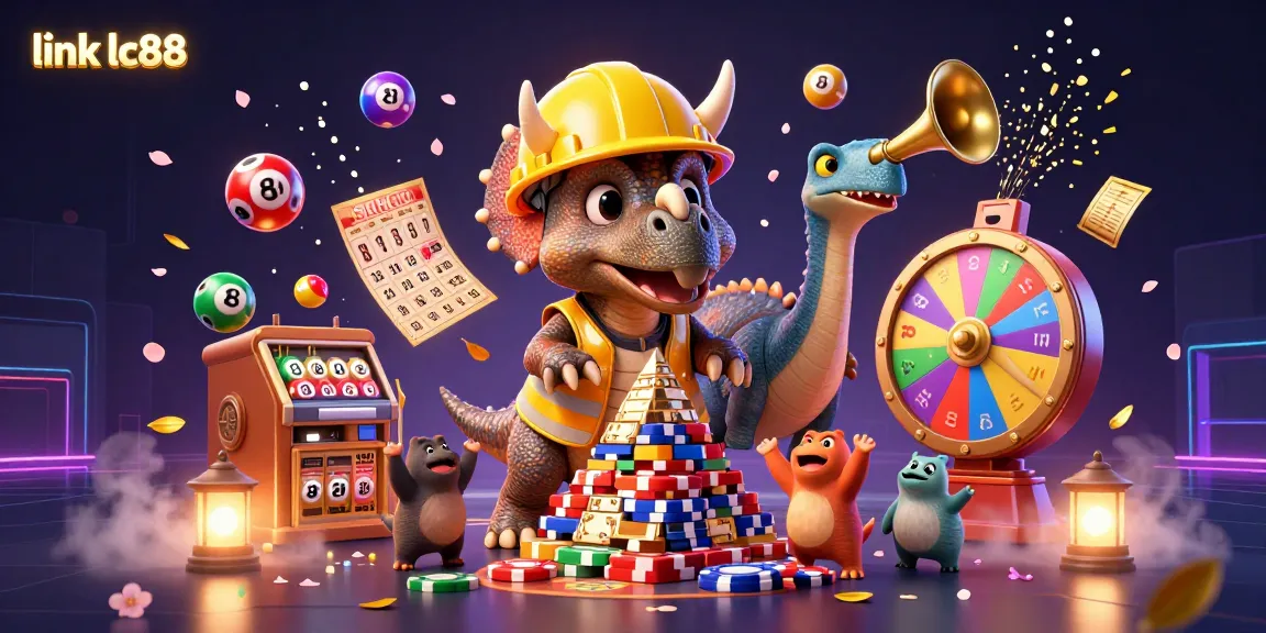 Engage with thrilling games at link lc88 with unique illustrations of casino elements, poker action, and lottery fun.