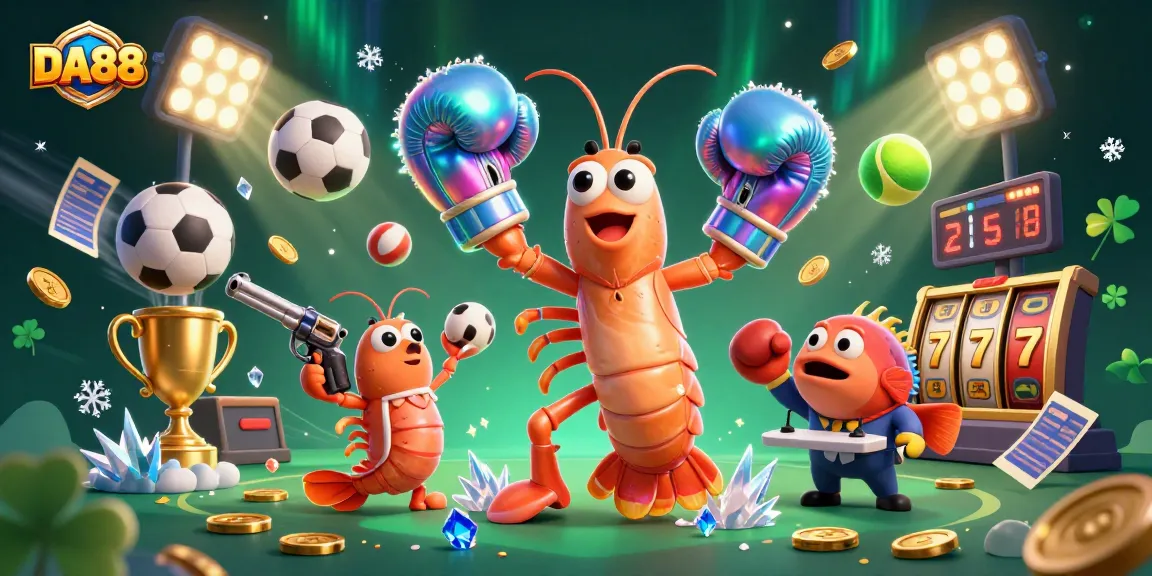 Join DA88 in this vibrant scene featuring an animated mantis shrimp and lively casino elements.