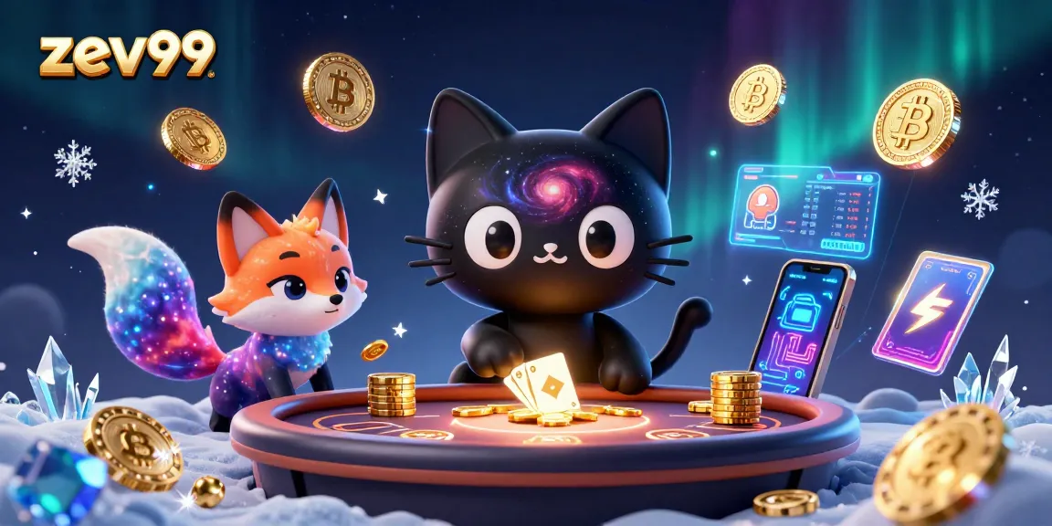 Experience the captivating world of zev99 as a cosmic cat draws in glowing chips and cards.
