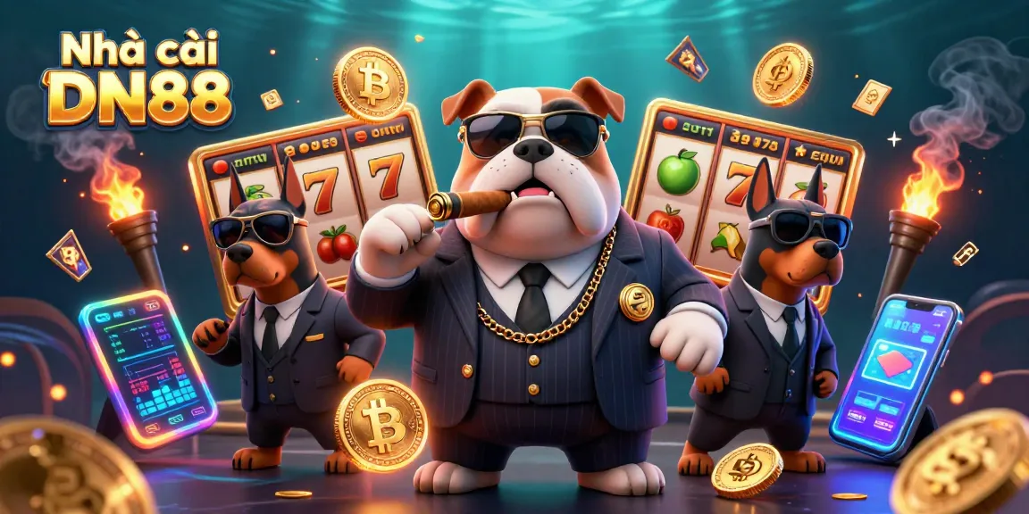 Experience thrilling slots with Nhà cái DN88's captivating 3D casino scene featuring cartoon characters and vibrant game elements.