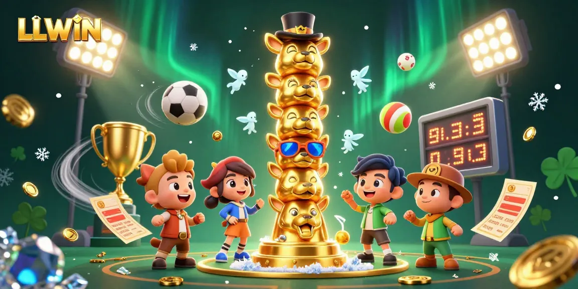 LLWIN offers immersive casino action with a vibrant 3D illustration of animated casino elements and sports.