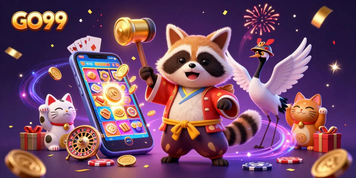 Join the celebration with GO99 featuring cheerful tanuki and festive elements in an exciting casino scene.