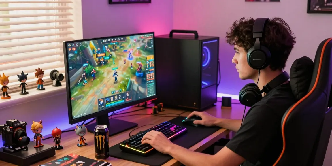 Gamer menggunakan komputer dengan aksesori gaming sambil bermain boswin 88 secara intensif.
