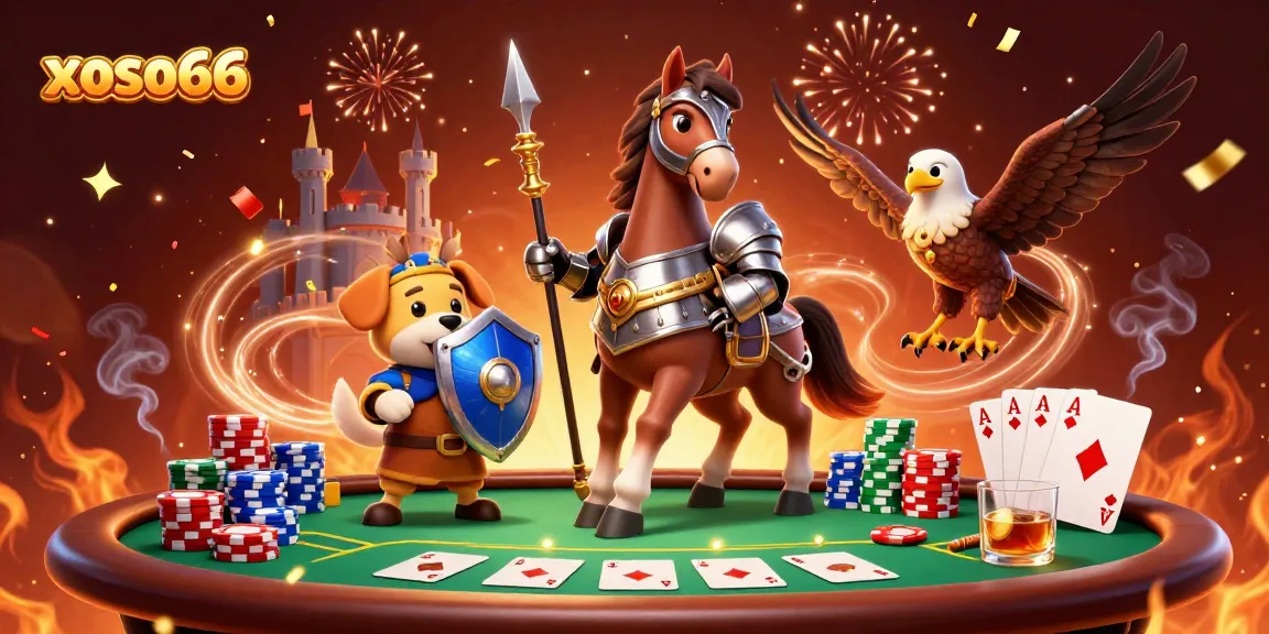 Xoso66 showcases a lively casino scene with knights and cards, illustrating poker excitement.