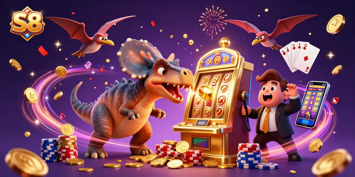 S8 features a pachycephalosaurus activating a golden slot machine, coins flying amidst a vibrant casino scene.