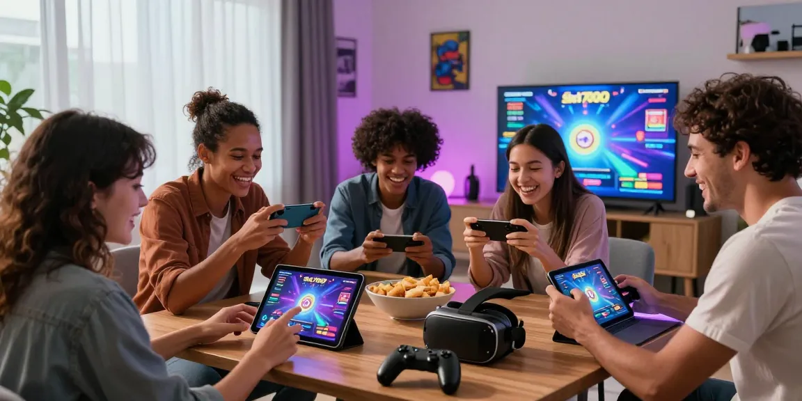 Diverse group enjoying slot7000 gaming experience in a vibrant living room, showcasing modern tech and interactive fun.