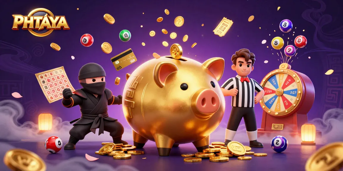 PHTAYA features a golden piggy bank sumo wrestler shaking coins, showcasing vibrant lottery elements in a lively casino scene.