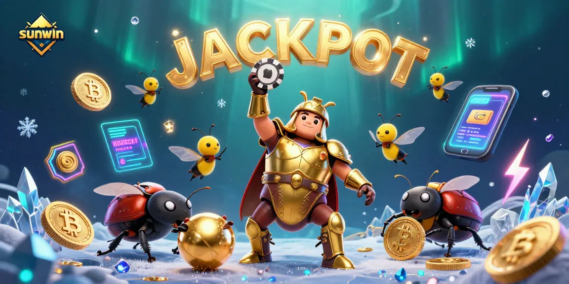 Win big with sunwin as a cartoon beetle celebrates victory, surrounded by vibrant casino elements.