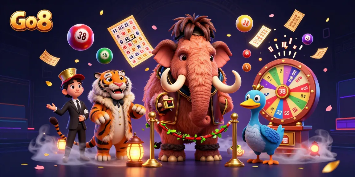 Experience the thrill of Go 8 with a vivid illustration of a casino scene featuring unique characters and game elements.