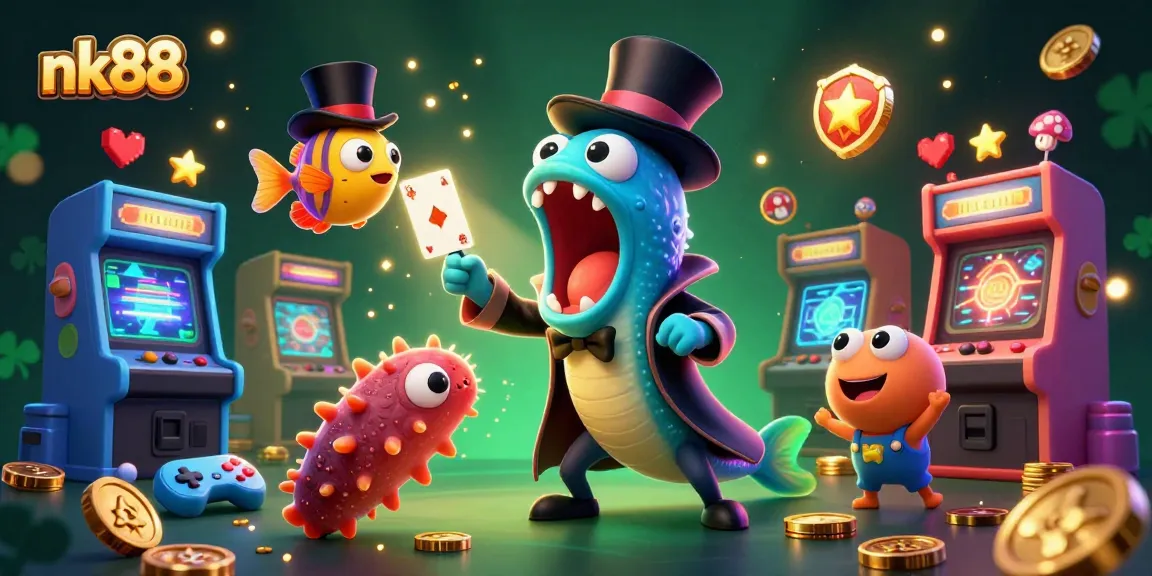 Experience thrilling magic with nk88 as a deep-sea eel performs card tricks amidst vibrant casino elements.