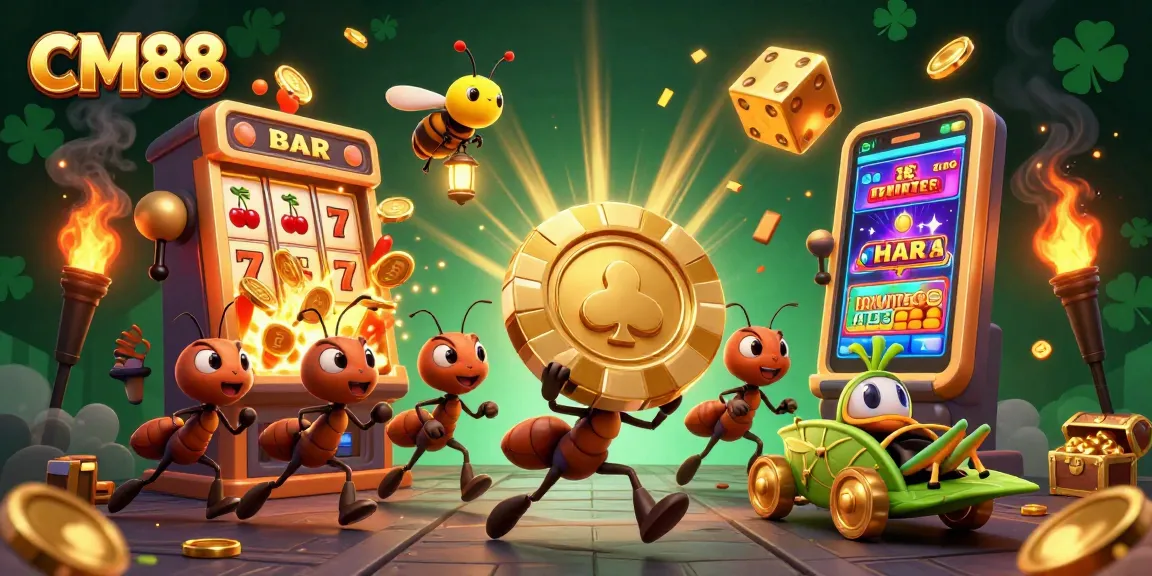 Experience the excitement of CM88 as cartoon ants transport a golden poker chip amidst a vibrant casino theme.