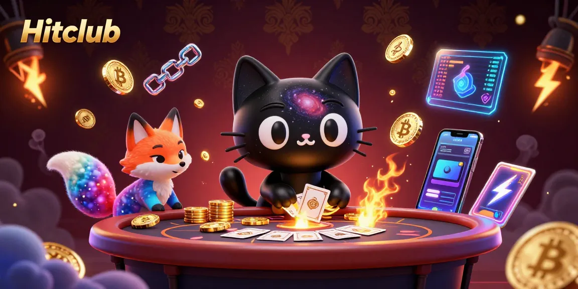 Experience thrilling gameplay at Hitclub with a cat at a cosmic casino table, surrounded by interactive elements.