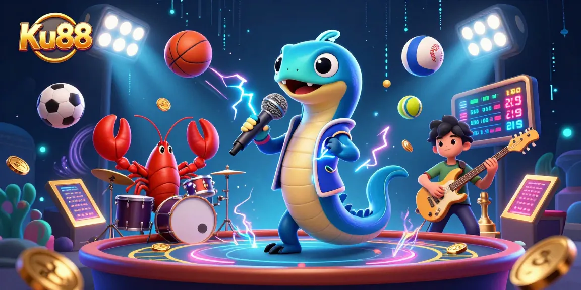 Experience the excitement at Ku88 with a vibrant underwater casino scene featuring a DJ electric eel