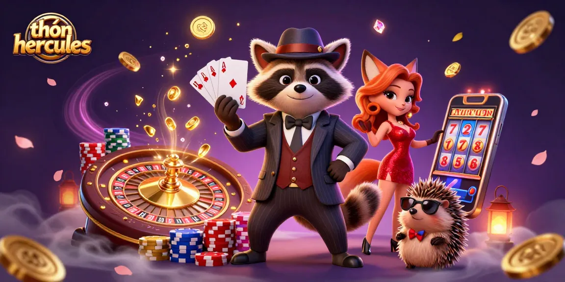 Win big with thần hercules as a raccoon and fox pair celebrate a casino victory amidst vibrant game elements.