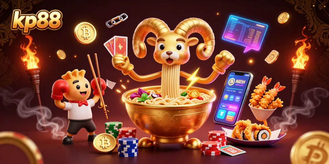 Experience thrilling betting action with kp88's vibrant casino scene featuring colorful characters and crypto coins.