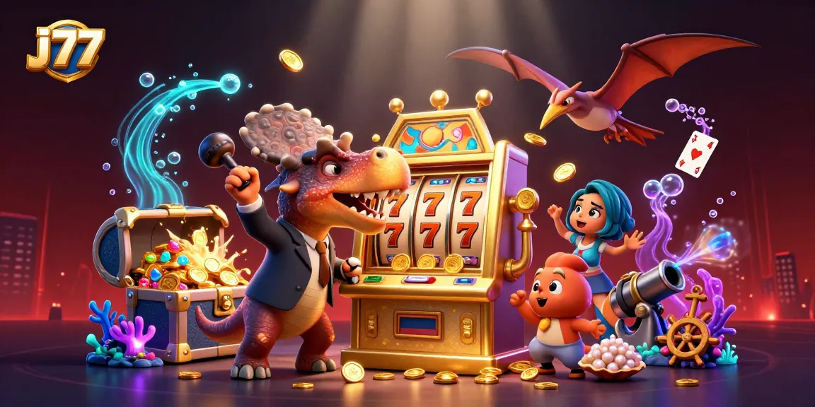 j77 players enjoy an immersive jackpot scene with cartoon dinosaurs and slot machines.