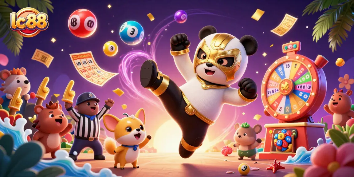 Experience the excitement of lc 88 with a dynamic scene of a panda wrestler, lively spectators, and colorful lottery elements.