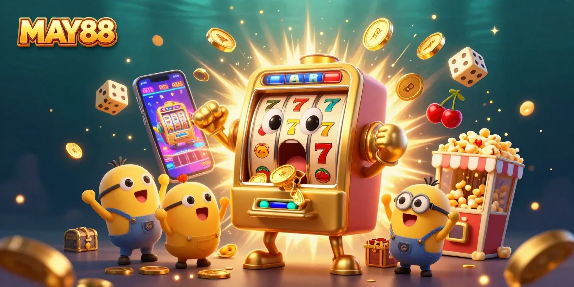MAY88 slot machine celebrates winning a jackpot with cheerful companions amidst festive casino elements.